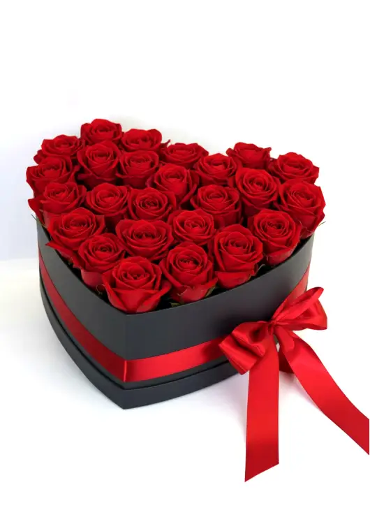 25 red roses in a heart box