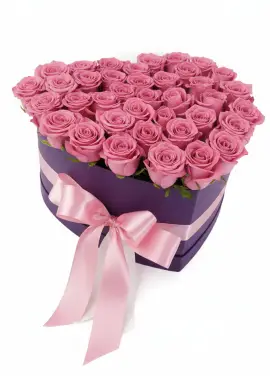35 pink roses in a heart box