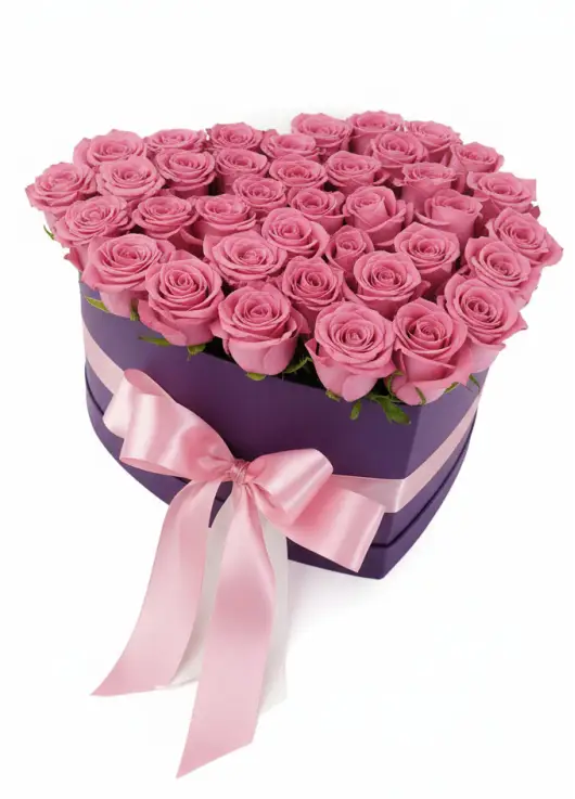 35 pink roses in a heart box