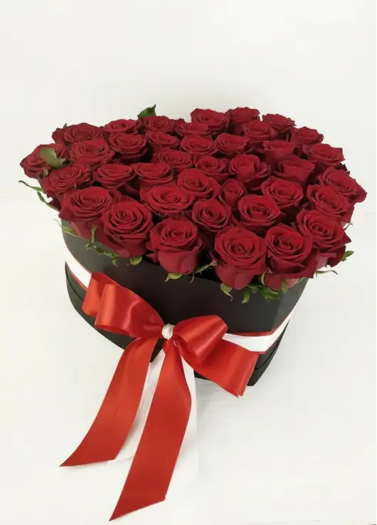 35 red roses in a heart box