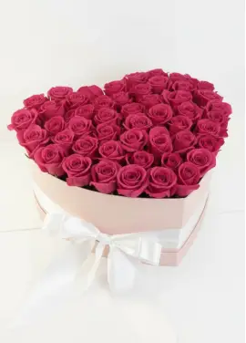 51 pink roses in a heart box
