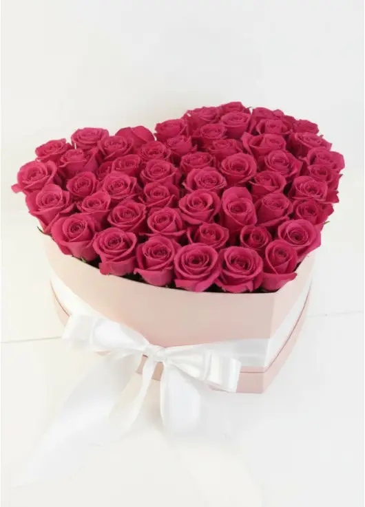 51 pink roses in a heart box