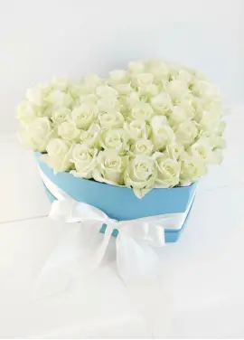 51 white roses in a heart box