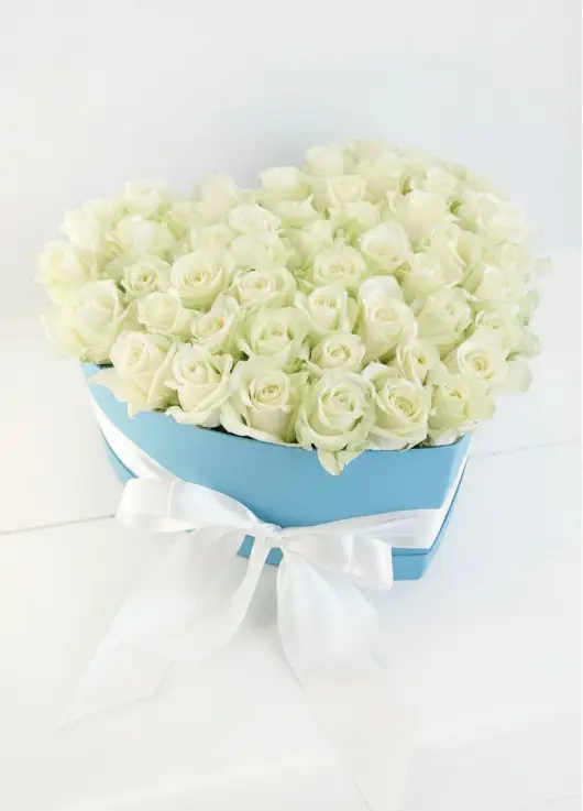 51 white roses in a heart box