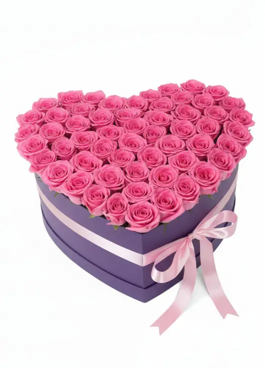 75 pink roses in a heart box