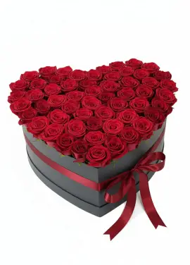 75 red roses in a heart box