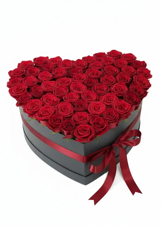 75 red roses in a heart box