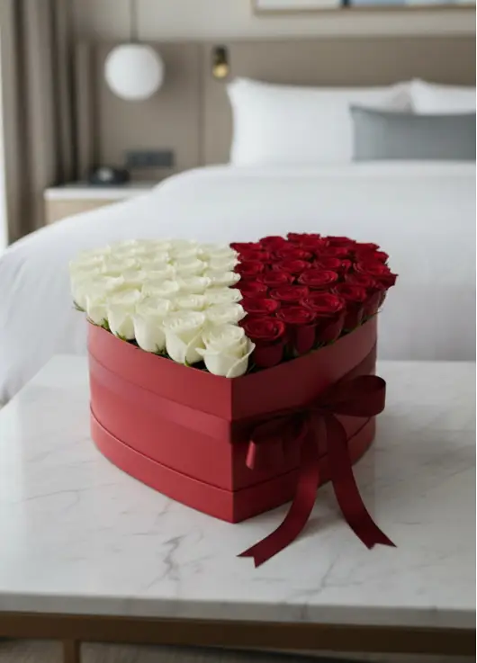 75 roses in a heart box “Contrast”