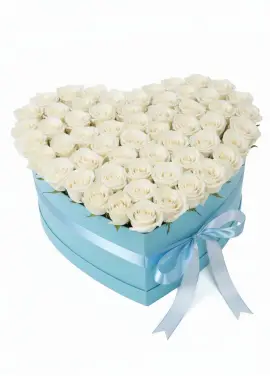 75 white roses in a heart box