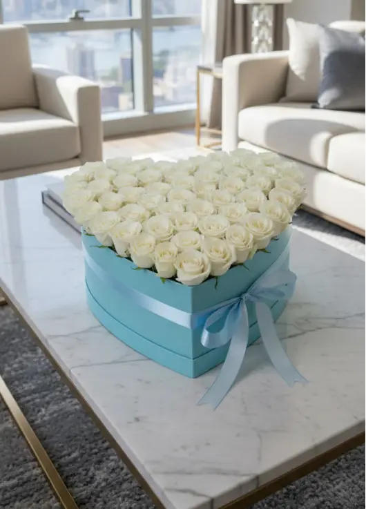 75 white roses in a heart box