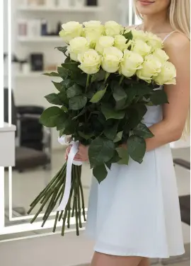 25-rose bouquet: long-stem imported white roses “Mondial”