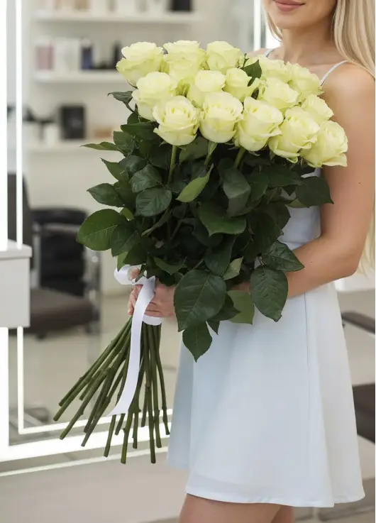 25-rose bouquet: long-stem imported white roses “Mondial”