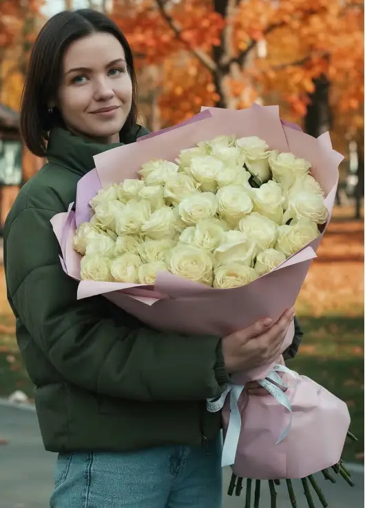 35-rose bouquet: long-stem imported white roses “Mondial”