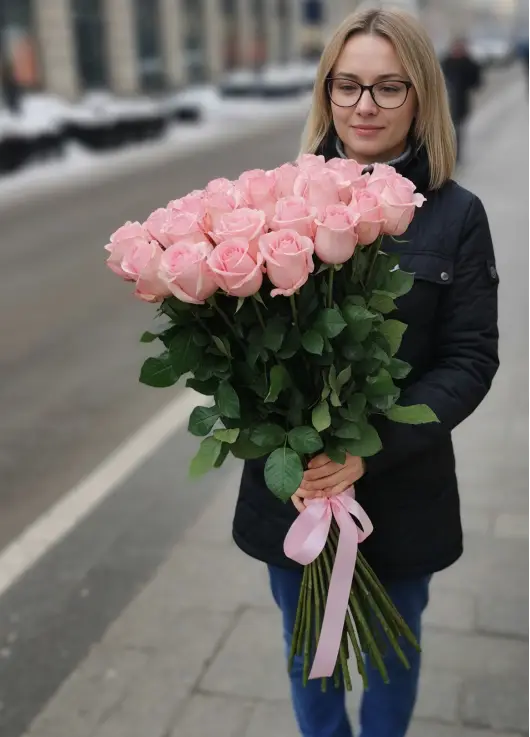 35-rose bouquet: tall pink roses “Be Sweet”