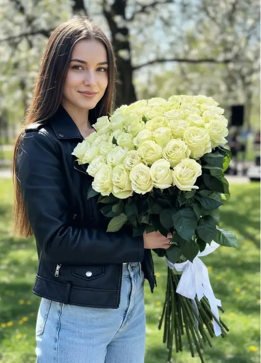 45-rose bouquet: long-stem imported white roses “Mondial”