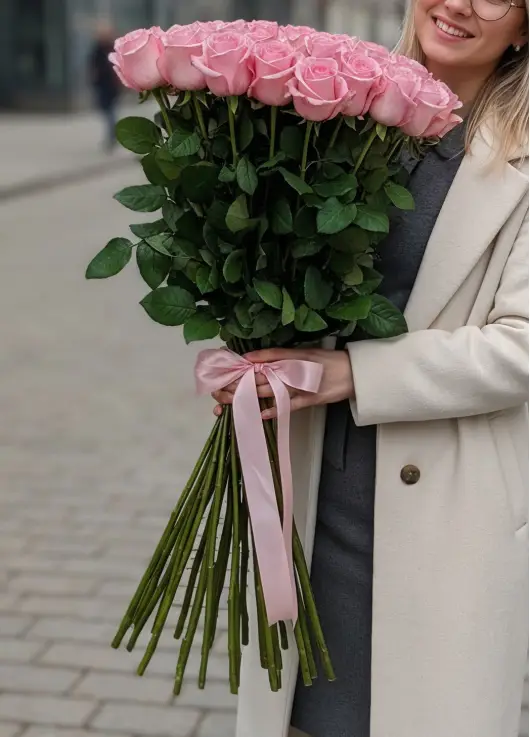 45-rose bouquet: tall pink roses “Be Sweet”
