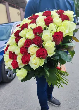 Bouquet of 51 red and white roses