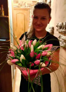 Bouquet white and pink tulips