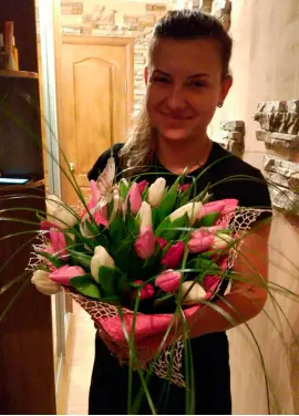 Bouquet white and pink tulips
