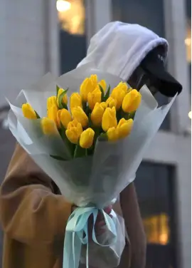 Bouquet of 15 yellow tulips (imported, Netherlands)