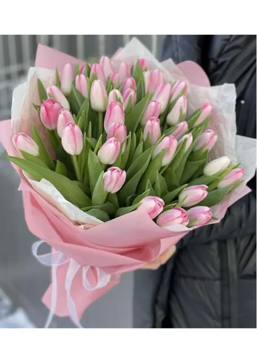 Bouquet of 35 pink tulips (imported, Netherlands)