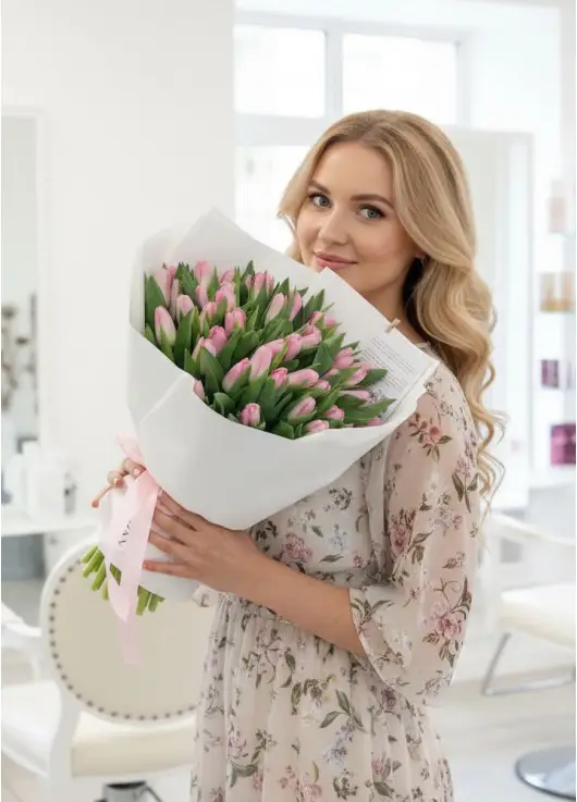 Bouquet of 45 pink tulips (imported, Netherlands)