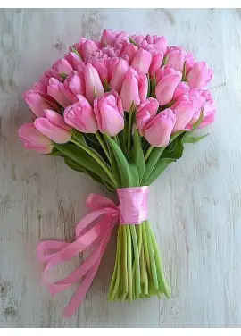 Bouquet of 45 pink tulips (imported, Netherlands)