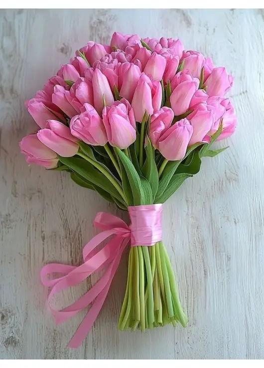 Bouquet of 45 pink tulips (imported, Netherlands)