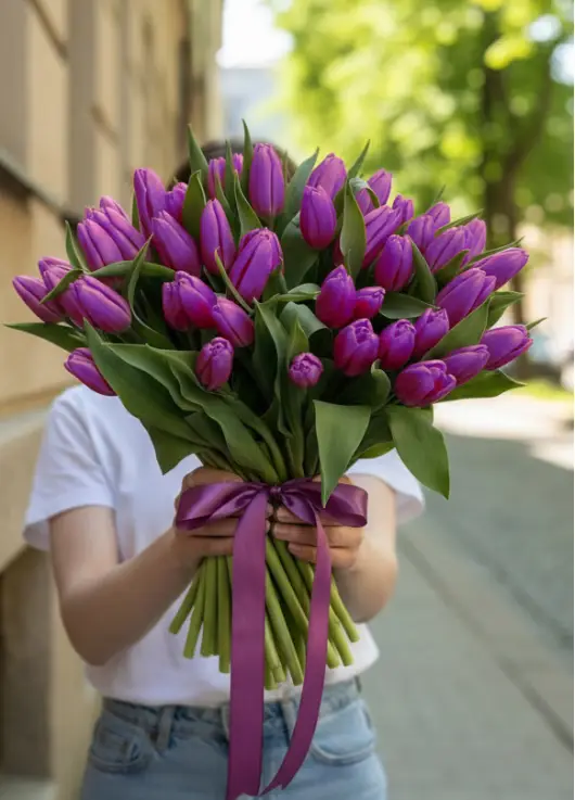 Bouquet of 75 violet tulips (imported, Netherlands)