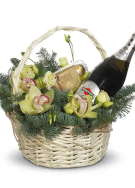 X-mas basket for present with orchids and Martini