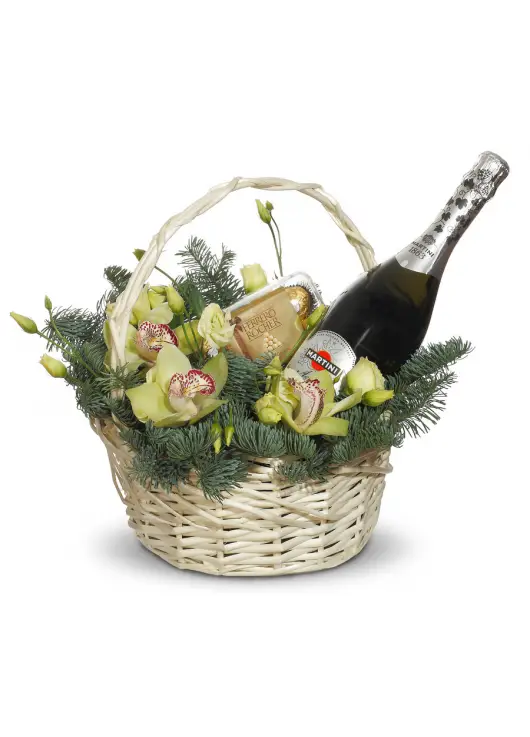 X-mas basket for present with orchids and Martini X-mas basket for present with orchids and Martini
