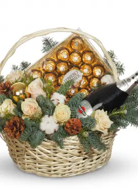 Christmas basket with decor and Asti Martini