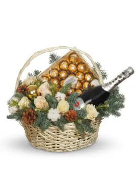 Christmas basket with decor and Asti Martini