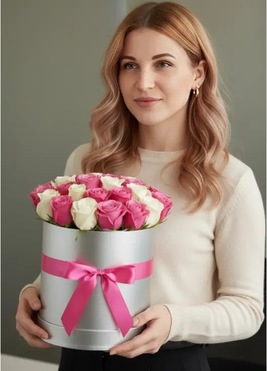 25 white and pink roses in a box