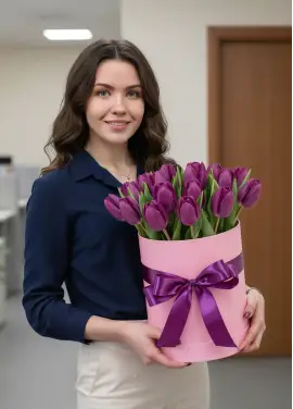 25 purple tulips in a box (imported, Netherlands)