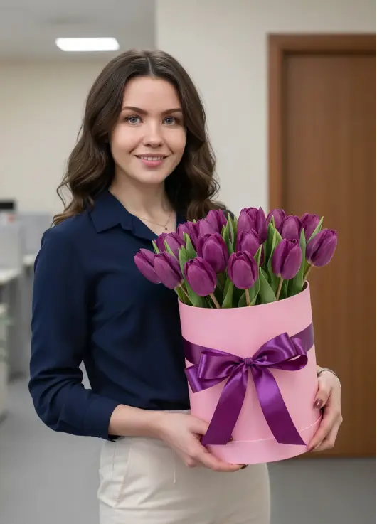 25 purple tulips in a box (imported, Netherlands)