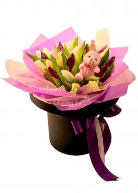 Magician hat with bunny and tulips